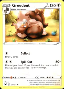 Greedent 151/196 Rare - Pokemon SWSH11: Lost Origin 2022 NM - Image 1