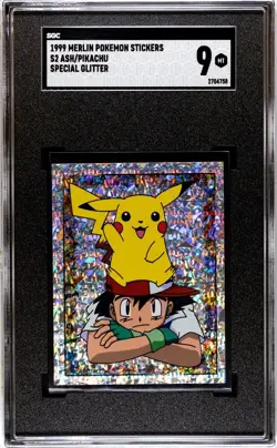 Ash & Pikachu SGC 9 Pokemon Sticker Card Holo Prism #S2 Merlin 1999 MINT Pokemon - Image 1
