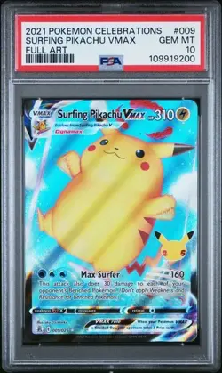 2021 Pokemon Celebrations Surfing Pikachu VMAX #009/025 Full Art PSA 10 - Image 1