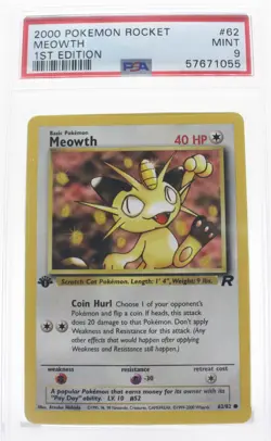 PSA 9 MINT 2000 Pokemon Team Rocket #62 Meowth 1st Edition !!! - Image 1