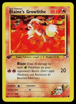 Pokemon Card - Blaine's Growlithe 1st Edition Gym Heroes 62/132 Common - Image 1