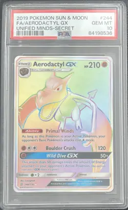 2019 Pokemon Sun & Moon FA/Aerodactyl GX Unified Minds Secret #244 PSA 10 GEM MT - Image 1