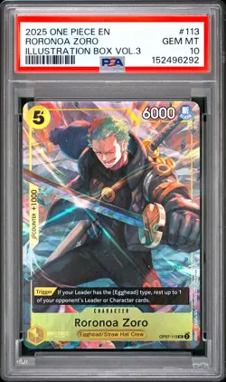 2025 ONE PIECE PROMOS ILLUSTRATION BOX VOL.3 #113 RORONOA ZORO PSA 10 - Image 1