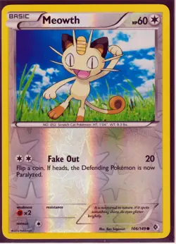 2012 POKEMON MEOWTH 106/149 BLACK & WHITE BOUNDARIES CROSSED REV HOLO NM (M2) - Image 1
