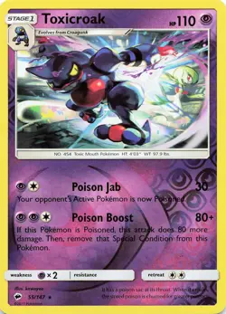 POKEMON Toxicroak #55/147 Reverse Holo SM - Burning Shadows NM - Image 1