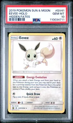 2019 POKEMON SUN & MOON HIDDEN FATES #SV41 EEVEE-HOLO PSA 10 - Image 1