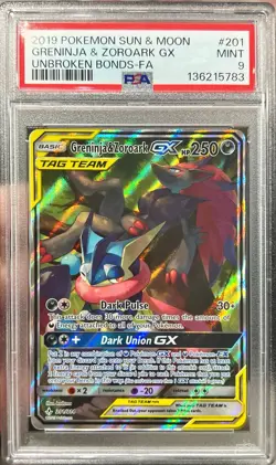 Pokemon Sun & Moon Unbroken Bonds Greninja & Zoroark GX Tag Team 201/214 PSA 9 - Image 1