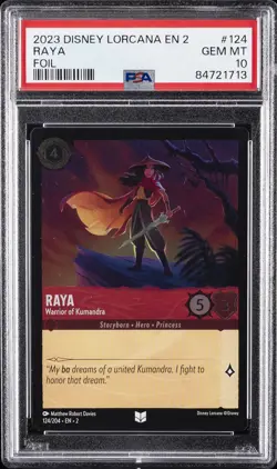 2023 DISNEY LORCANA EN 2-RISE OF THE FLOODBORN RAYA - WARRIOR OF KUMANDRA PSA 10 - Image 1