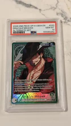 One Piece op14-eb04 The azure sea's seven Dracule Mihawk Alt Art Leader PSA 10 - Image 1