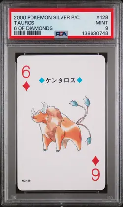 2000 POKEMON SILVER VERSION PLAYING CARDS 6 OF DIAMONDS #128 TAUROS PSA 9 - Image 1