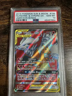 Pokemon 2019 Unbroken Bonds Reshiram & Charizard GX 194/214 FA Holo PSA 10 - Image 1