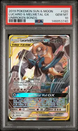 2019 Pokemon Sun & Moon Lucario & Melmetal GX Unbroken Bonds #120 PSA 10 GEM MT - Image 1