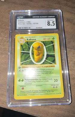 Pokemon TCG 1999 Kakuna 033/102 Base Set Shadowless Regular 1st Edition CGC 8.5 - Image 1