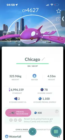 Pokemon Go Shiny Legendary Kyogre ( Chicago Background) ( MAX CP ) - Image 1