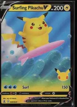 Surfing Pikachu V 008/025 Holo Rare V Celebrations Pokemon - Image 1