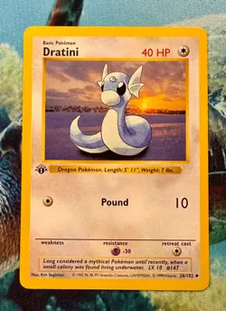 1999 Pokemon TCG 1st Edition Base Set Shadowless Dratini 26/102 ERROR Card LP - Image 1