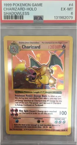 1999 POKEMON GAME SHADOWLESS #4 CHARIZARD-HOLO PSA 6 - Image 1