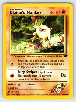 Blaine's Mankey 63/132 2000 Gym Challenge Pokemon Card Vintage WOTC Common - Mp - Image 1
