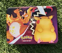 Pokemon lunch box with charizard/pikachu cover tin metal TCG collectors chest - Image 1