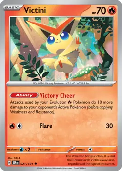 x4 Victini - 021/191 - Uncommon - Reverse Holo Pokemon SV08 Surging Sparks M/NM - Image 1