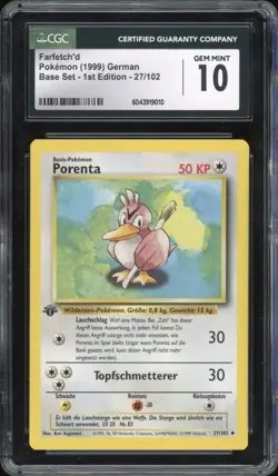 1999 Pokemon GERMAN 1st Edition Base Set Porenta-Farfetch’d 27/102 CGC 10 GEM - Image 1