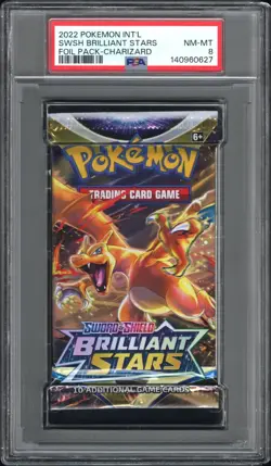 2022 Pokemon Int’l Brilliant Stars Charizard PSA 8 Foil Booster Pack Sealed! - Image 1