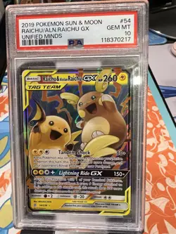2019 POKEMON SUN & MOON UNIFIED MINDS #54 RAICHU & ALOLAN RAICHU GX PSA 10 - Image 1