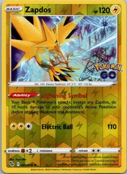 Zapdos 029/078 Holo Rare Pokemon GO Pokemon Reverse Holo Near Mint - Image 1