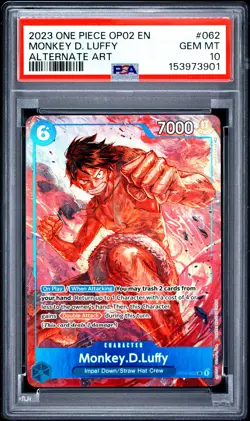 2023 ONE PIECE OP02-PARAMOUNT WAR ALTERNATE ART #062 MONKEY D. LUFFY PSA 10 - Image 1