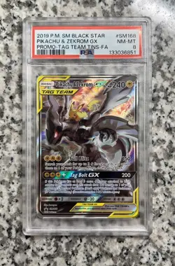2019 Pokemon SM Black Star Promo SM168 Pikachu & Zekrom GX Tag Team PSA 8 NM/M! - Image 1