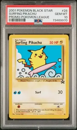 2001 POKEMON PROMO BLACK STAR POKEMON LEAGUE #28 SURFING PIKACHU PSA 10 - Image 1