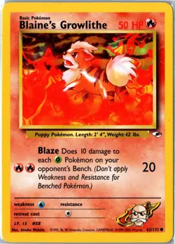 Pokemon Card - Blaine's Growlithe 62/132 Gym Heroes Common Moderately Played - Image 1