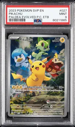 2023 POKEMON PALDEA EVOLVED POKEMON CENTER ETB PROMO SVP #027 PIKACHU PSA 9 - Image 1