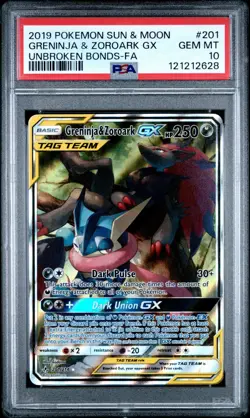 Pokemon TCG Greninja & Zoroark GX Alternate Art 201/214 Unbroken Bonds - PSA 10 - Image 1