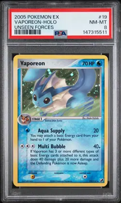 2005 POKEMON EX UNSEEN FORCES #19 VAPOREON-HOLO PSA 8 - Image 1