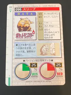 JAPANESE POKEMON DROWZEE No.096 CARDDASS RED 1996 SOPORIFIK - EXC+ - Image 4