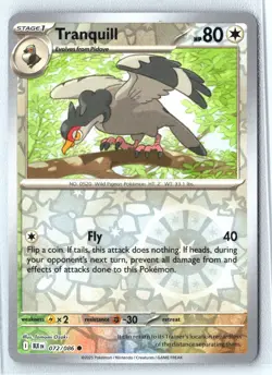 Tranquill 072/086 Pokemon TCG Scarlet & Violet Black Bolt Reverse Holo Rare - Image 1