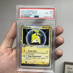 (REGRADE) Swirl 💫2003 Pokemon Ex Sandstorm #98 Raichu Ex Holo PSA 8 NM-MT - Image 1
