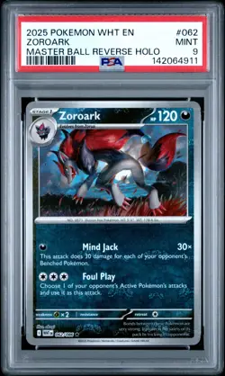 2025 Pokemon White Flare ZOROARK Master Ball Reverse Holo #062 PSA 9 Mint - Image 1