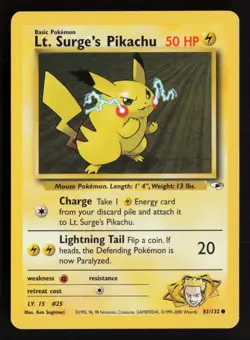 Lt Surges Pikachu 81/132 Gym Heroes Common Pokemon Card - Image 1