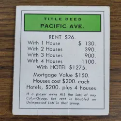 Replacement Pacific Ave Title Deed Card Regular Basic Monopoly b - Image 1