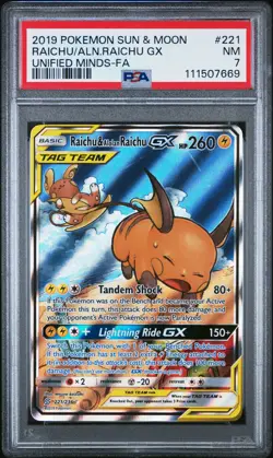 POKEMON UNIFIED MINDS RAICHU & ALOLAN RAICHU GX #221 PSA 7 NM #111507669 - Image 1
