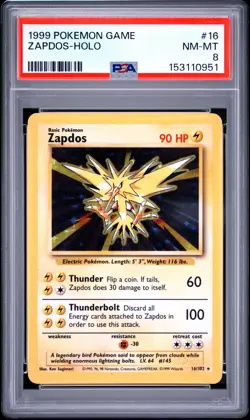 1999 POKEMON BASE SET UNLIMITED #16 ZAPDOS-HOLO PSA 8 - Image 1