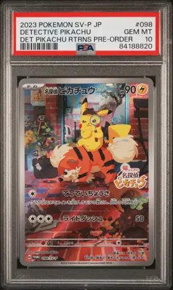 Full-Art Detective Pikachu Pokemon 2023 Pre-Order Promo Japanese 098/SV-P PSA 10 - Image 1