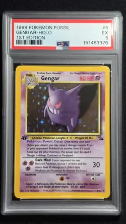PSA 5 1999 GENGAR #5 HOLO 1ST EDITION POKEMON FOSSIL - Image 1