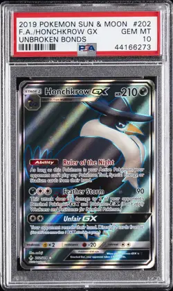 2019 POKEMON SUN & MOON UNBROKEN BONDS #202 FULL ART/HONCHKROW GX PSA 10 - Image 1