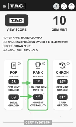 💎 Ranked #1 Pokemon Crown Zenith # 101 Full Art Rayquaza VMAX TAG 10 GEM 💎 - Image 3