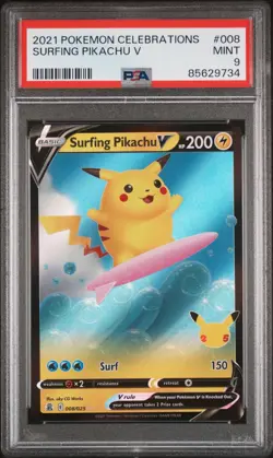 PSA 9 MINT 2021 POKEMON CELEBRATIONS #008 SURFING PIKACHU V - Image 1