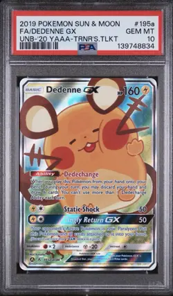 2019 POKEMON SUN & MOON UNBROKEN BONDS #195A FULL ART/DEDENNE GX PSA 10 - Image 1