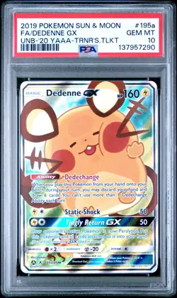 2019 POKEMON SUN & MOON UNBROKEN BONDS #195A FULL ART/DEDENNE GX PSA 10 - Image 1